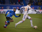CF Montreal's Ruan chases FC Cincinnati's Luca Orellano (23) during the first half of an MLS soccer match Saturday, April 13, 2024, in Montreal. (Peter McCabe/The Canadian Press via AP)