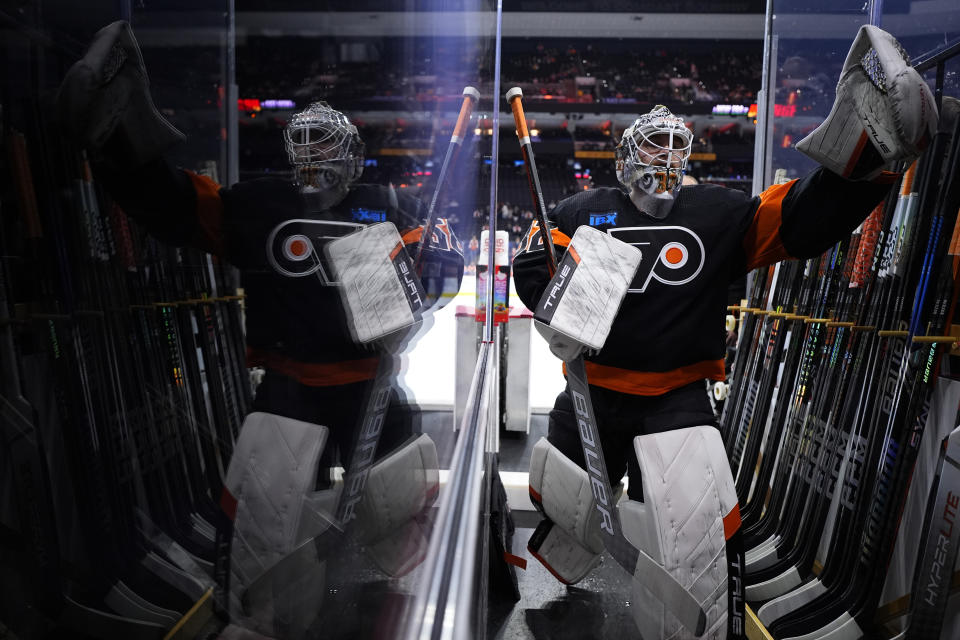 Philadelphia Flyers' Felix Sandstrom walks off the ice after warming-up before an NHL hockey game against the Boston Bruins, Saturday, March 23, 2024, in Philadelphia. (AP Photo/Matt Slocum)