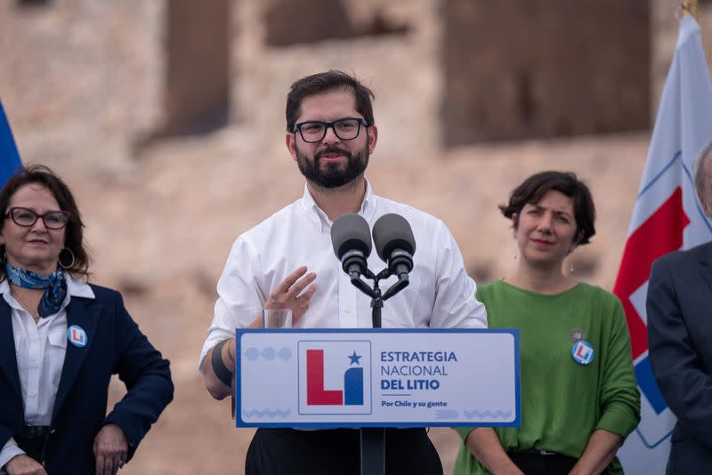 Chile's President Gabriel Boric delivers a speech in the northern city of Antofagasta, Chile