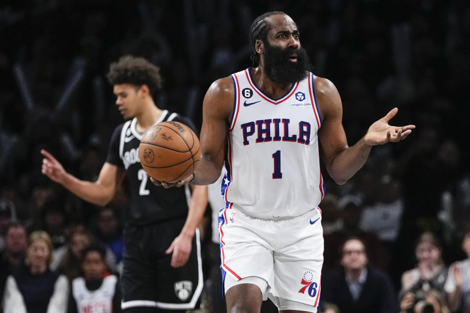 Philadelphia 76ers' James Harden reacts to a foul called on him during the second half against the Brooklyn Nets in Game 3 of an NBA basketball first-round playoff series Thursday, April 20, 2023, in New York. After review, he was given a flagrant foul two, and ejected from the game. (AP Photo/Frank Franklin II)
