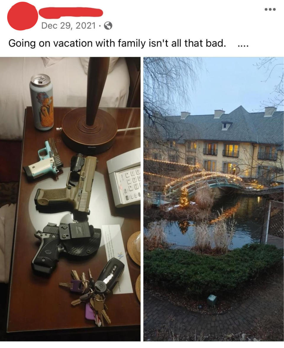 A post on social media says "going on vacation with family isn't all that bad" and it's a picture of three guns placed next to each other on a hotel bedside table