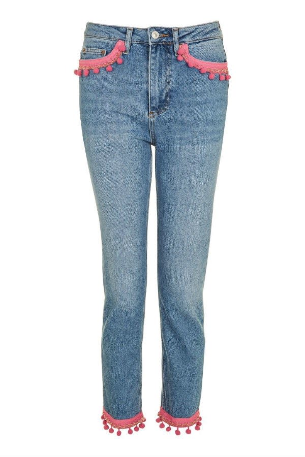 <p>Topshop Moto Pink Pom straight leg jeans, $90, <a rel="nofollow noopener" href="http://us.topshop.com/en/tsus/product/moto-pink-pom-straight-leg-jeans-6323556?Ntt=pink%20pom%20pom%20jeans&bi=0&mbid=synd_yahoostyle&ps=20" target="_blank" data-ylk="slk:topshop.com;elm:context_link;itc:0;sec:content-canvas" class="link ">topshop.com</a></p>