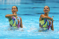 Eszter Czekus and Szofi Kiss of Hungary compete in the Synchronised Swimming - Duets - Technical Routine on Day 9 of the London 2012 Olympic Games at the Aquatics Centre on August 5, 2012 in London, England. (Photo by Clive Rose/Getty Images)