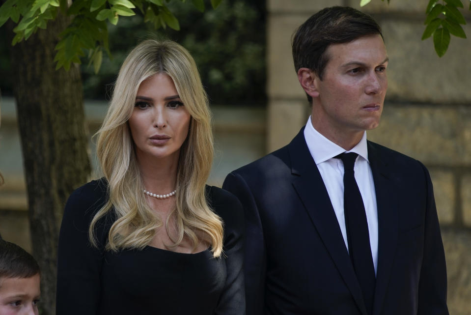 Ivanka Trump and Jared Kushner arrive for the funeral of Ivana Trump, Wednesday, July 20, 2022, in New York. Ivana Trump, an icon of 1980s style, wealth and excess and a businesswoman who helped her husband build an empire that launched him to the presidency, is set to be celebrated at a funeral Mass at St. Vincent Ferrer Roman Catholic Church following her death last week. (AP Photo/Julia Nikhinson)