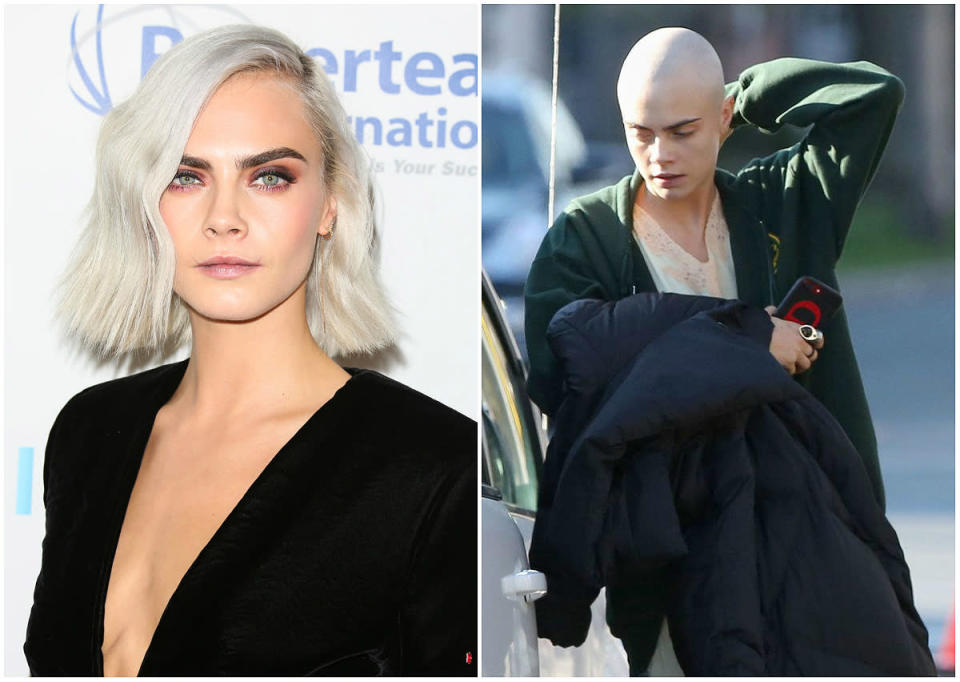 <p><b>When: April 26, 2017</b><br>On Wednesday, the “Suicide Squad” actress was spotted on set in Toronto completely bald! The hair transformation is for her upcoming movie “Life in a Year,” where she plays a woman dying of cancer. <i> (Photos: Getty (L)/<a rel="nofollow" href="https://ca.style.yahoo.com/cara-delevingne-shaved-her-head-215151816.html" data-ylk="slk:Splash News;outcm:mb_qualified_link;_E:mb_qualified_link;ct:story;" class="link rapid-noclick-resp yahoo-link"> Splash News </a> (R)) </i> </p>