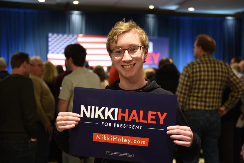 First-time voter Erik Johnson poses for a photo in Bloomington, Minn. on Feb. 26, 2024. at a Nikki Haley rally ahead of the Super Tuesday presidential nominating contest.