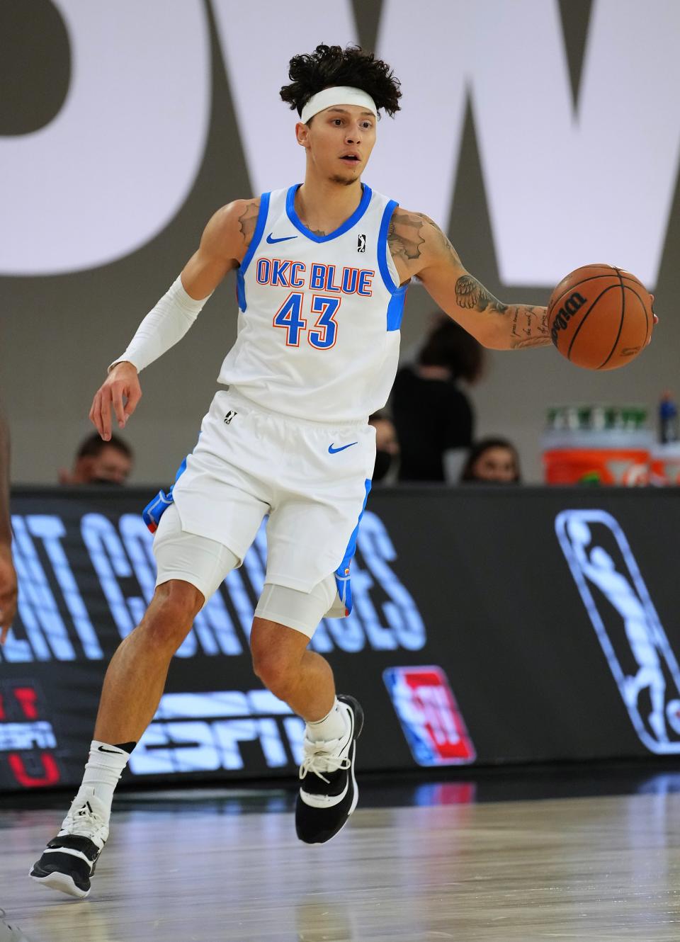 OKC Blue guard Lindy Waters (43) dribbles during the second quarter against the Delaware Blue Coats on Dec. 22 at Mandalay Bay Convention Center in Las Vegas.