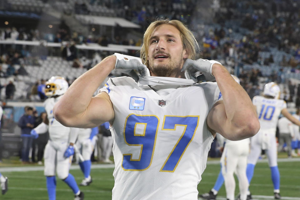 Los Angeles Chargers linebacker Joey Bosa (97) was critical of officials after Saturday&#39;s loss. (AP Photo/Gary McCullough)