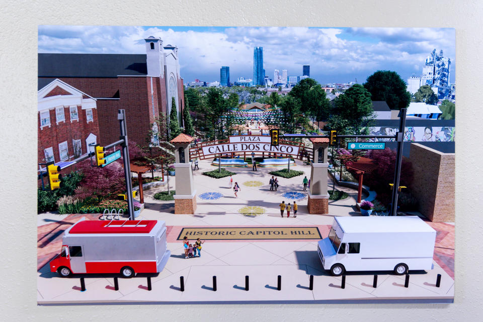 A rendering of an upcoming plaza for Calle Dos Cinco in Historic Capitol Hill is pictured in Oklahoma City, on Friday, July 14, 2023.