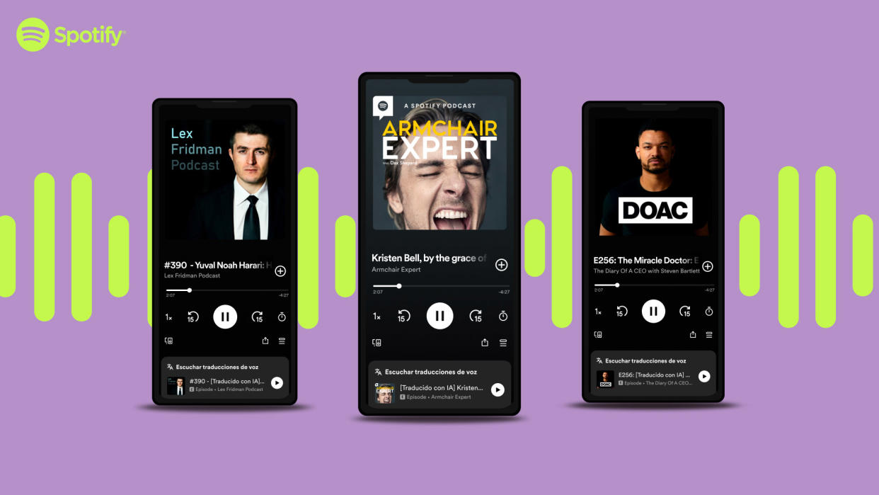  Three phones with the new Spotify Voice Translation feature on screen. 