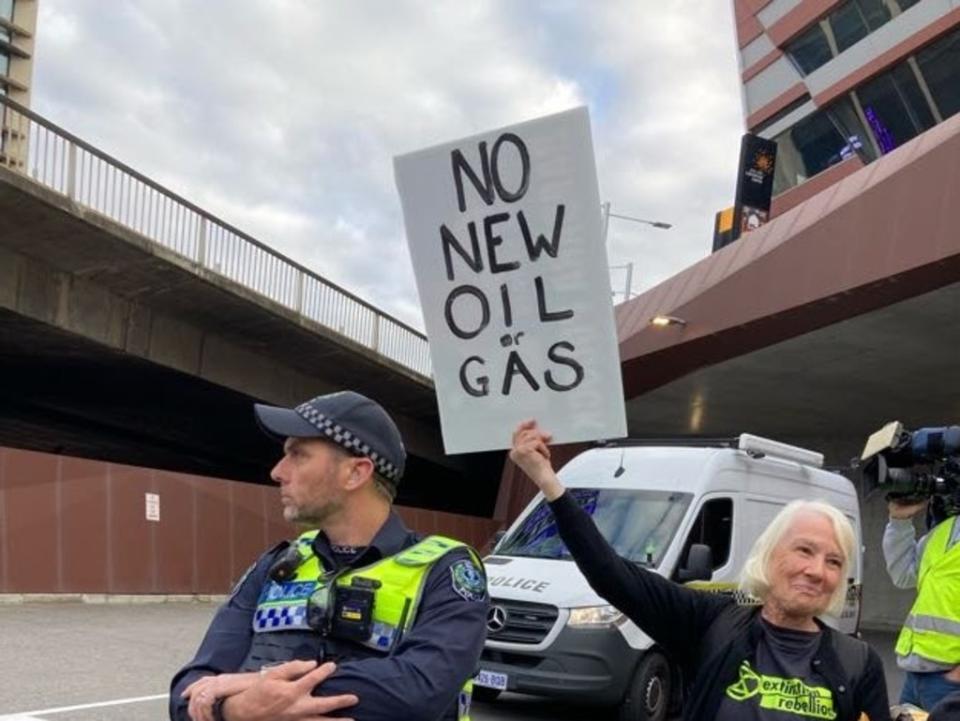 The lone woman suspended from the bridge was supported by other protestors on the ground.