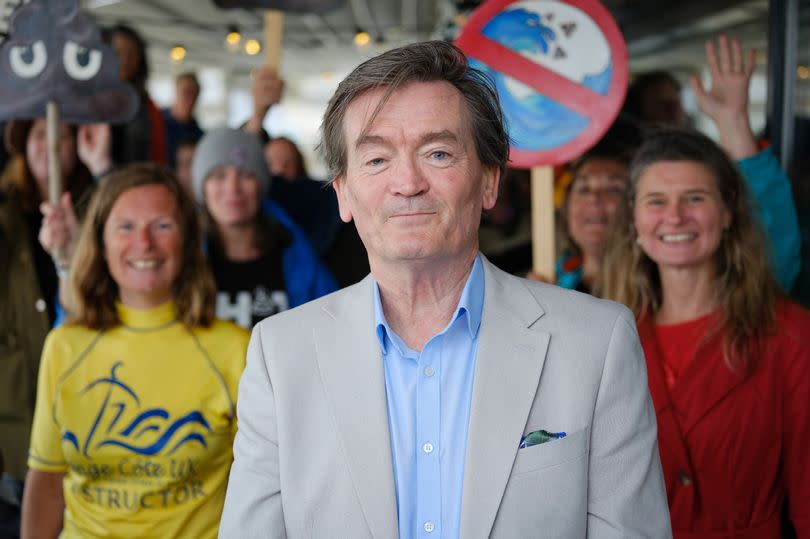 Environmental campaigner and former Undertones frontman Feargal Sharkey meets supporters in Falmouth, including Labour's MP candidate for the Truro and Falmouth seat, Jayne Kirkham, right