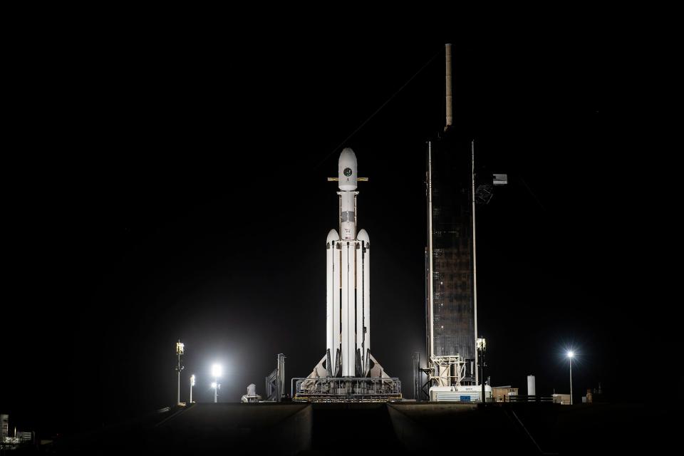 A SpaceX Falcon Heavy rocket sits on pad 39A at Kennedy Space Center ahead of a Space Force mission, known as USSF-44, that launched on Nov. 1, 2022.