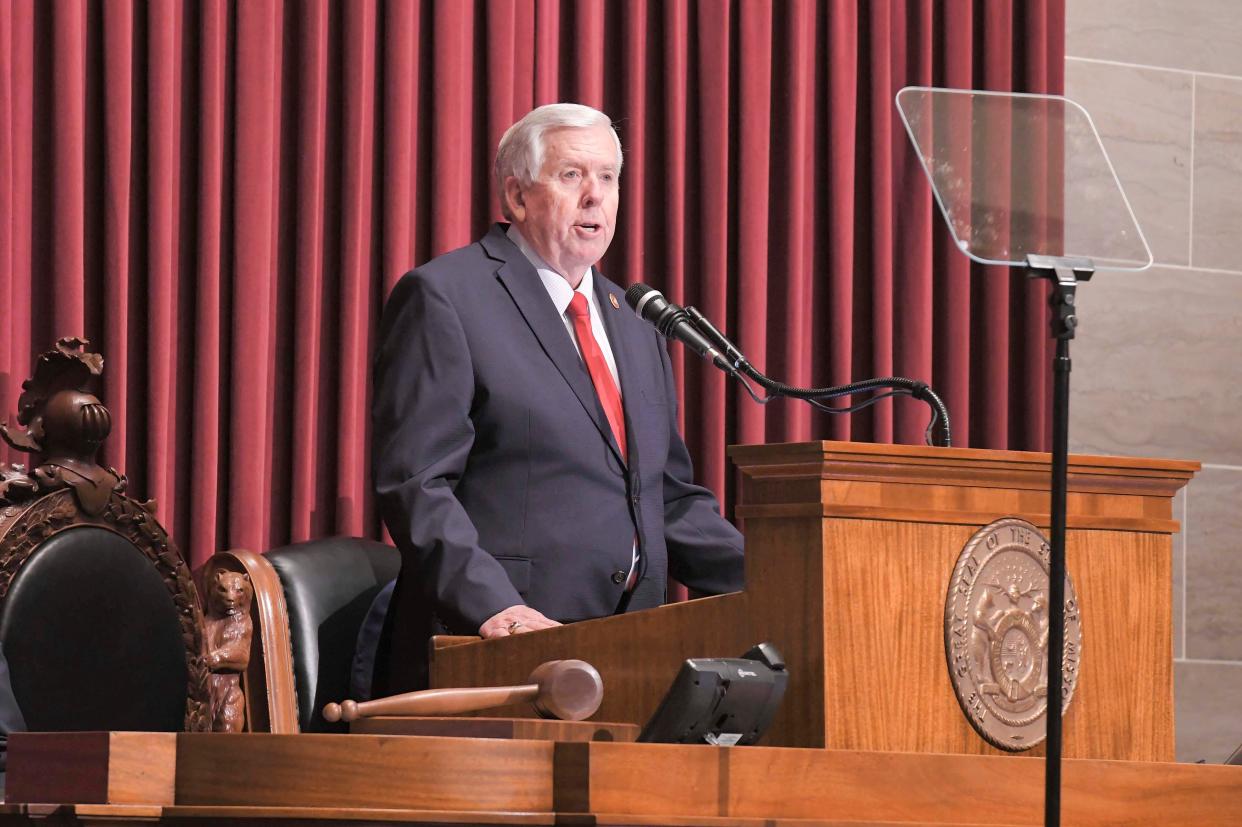 Gov. Mike Parson delivers his final State of the State address to the Missouri General Assembly on January 24, 2024 at the Missouri State Capitol Building in Jefferson City.