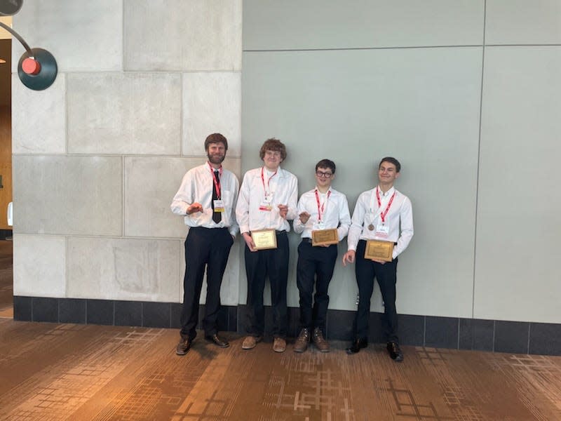 Careeline Tech Center finished first, second and third in the SkillsUSA Diesel Equipment Technology state competition. From left: Jason Alberta, Careerline Tech Center instructor,  Caleb Brochard (gold medal) , Randal Fletcher (silver medal) and Chris Carpin (bronze medal).