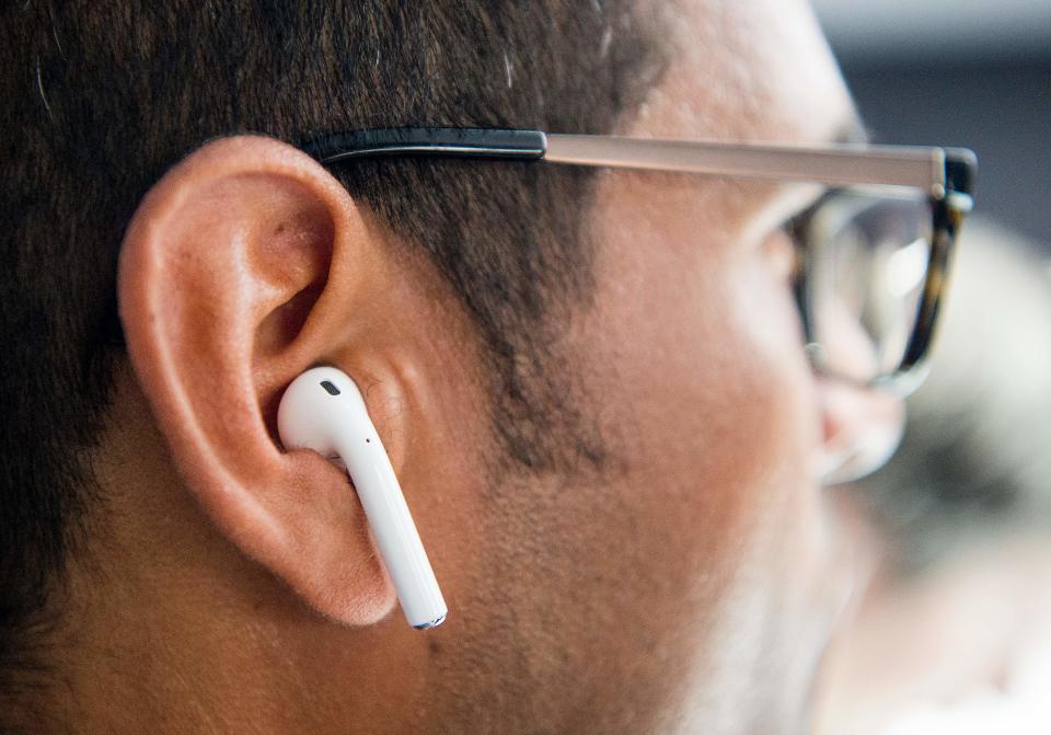 Apple wireless AirPods are tested in 2016 during a media event at Bill Graham Civic Auditorium in San Francisco, California.