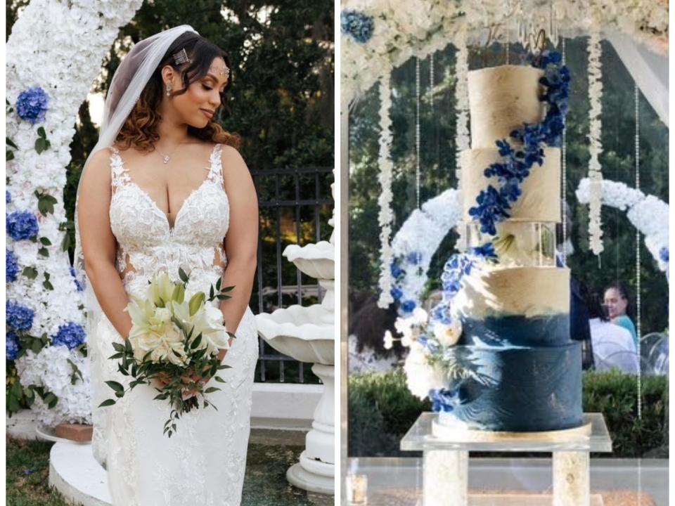 A composite of Lilly Mendoza posing in front of a blue and white garland while wearing a sleeveless wedding dress and holding a bouquet of flowers next to a tall, five-story wedding cake with floral detailing on a clear cake stand.