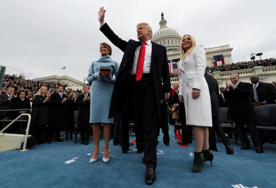 President Trump acknowledges the audience after taking the oath of office. (Photo: Jim Bourg/Reuters)