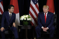 President Donald Trump meets with Japanese Prime Minister Shinzo Abe at the InterContinental Barclay New York hotel during the United Nations General Assembly, Wednesday, Sept. 25, 2019, in New York. (AP Photo/Evan Vucci)