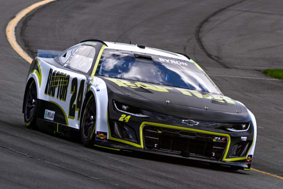 LONG POND, PENNSYLVANIA - JULY 22: William Byron, driver of the #24 RaptorTough.com Chevrolet, drives during practice for the NASCAR Cup Series HighPoint.com 400 at Pocono Raceway on July 22, 2023 in Long Pond, Pennsylvania.  (Photo by Logan Riely/Getty Images)