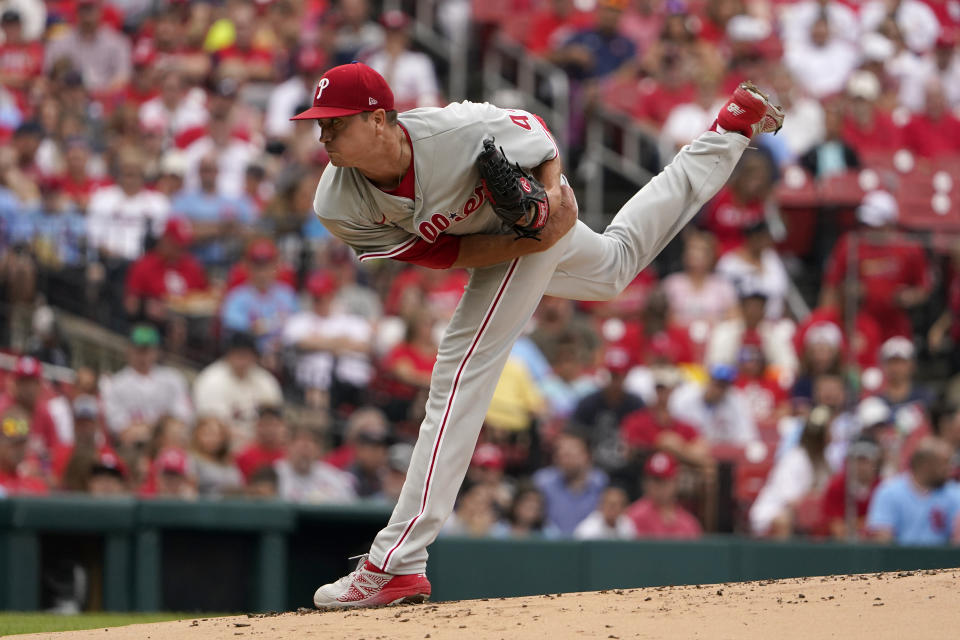 Philadelphia Phillies starting pitcher Kyle Gibson throws during the first inning of a baseball game against the St. Louis Cardinals Saturday, July 9, 2022, in St. Louis. (AP Photo/Jeff Roberson)