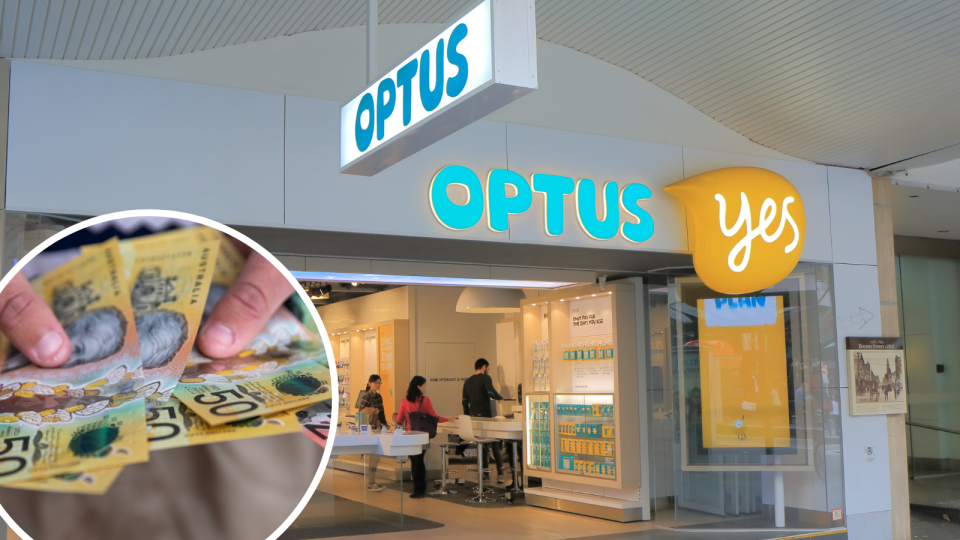 A person holding $50 notes and the exterior of an Optus store.