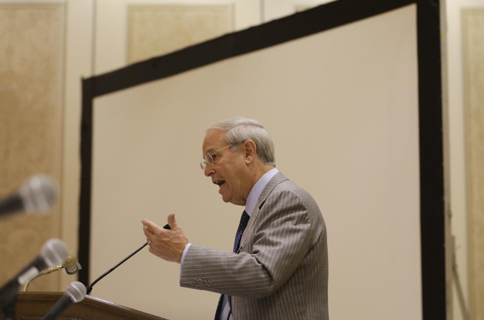 Frank Fahrenkopf, American Gaming Association president and CEO, speaks during a State of the Industry address at the Global Gaming Expo,Tuesday, Oct. 2, 2012, in Las Vegas. Fahrenkopf said overall gambling revenues are up so far this year at U.S. casinos compared with last year. (AP Photo/Julie Jacobson)