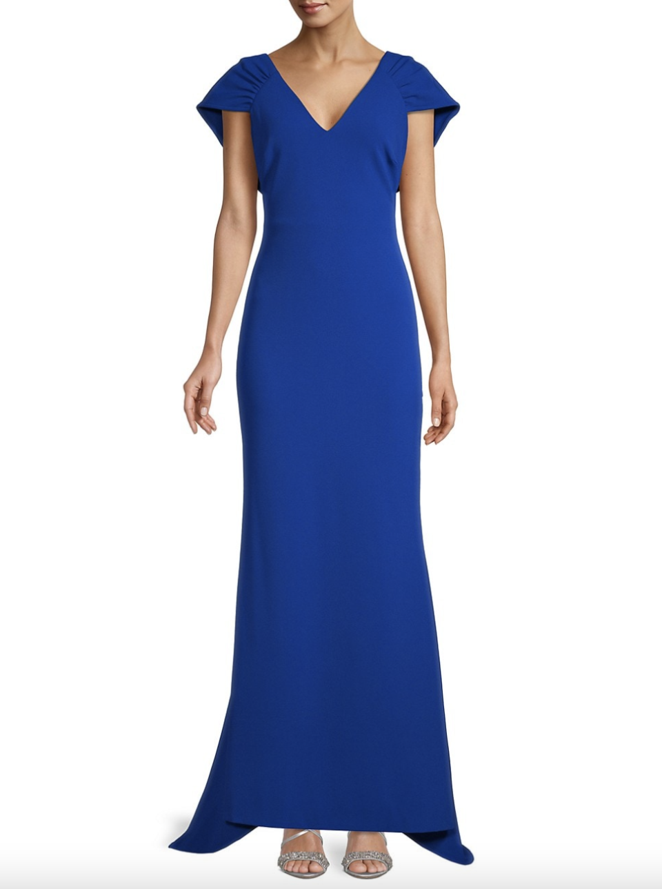 white model in cobalt blue Calvin Klein Pleated Gown (Photo via Saks Off Fifth)
