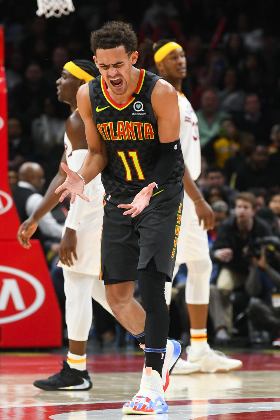 Atlanta Hawks guard Trae Young (11) reacts during the second half of an NBA basketball game against the Indiana Pacers, Saturday, Jan. 4, 2020, in Atlanta. (AP Photo/John Amis)