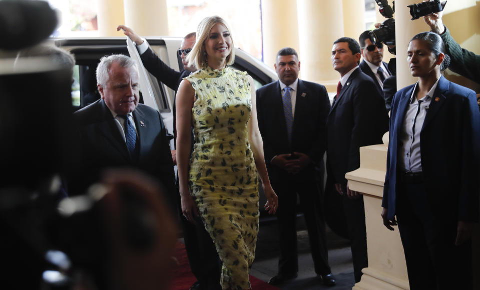 Ivanka Trump, President Donald Trump's daughter and White House adviser, and U.S. Deputy Secretary of State John J. Sullivan, arrive at Presidential Palace in Asuncion, Paraguay, Friday, Sept. 6, 2019. Ivanka Trump is on her third stop of a South American trip to promote women's empowerment. (AP Photo/Jorge Saenz)