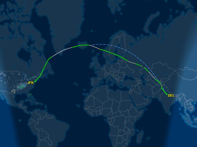 Air India flight AI102 route map over Russia.