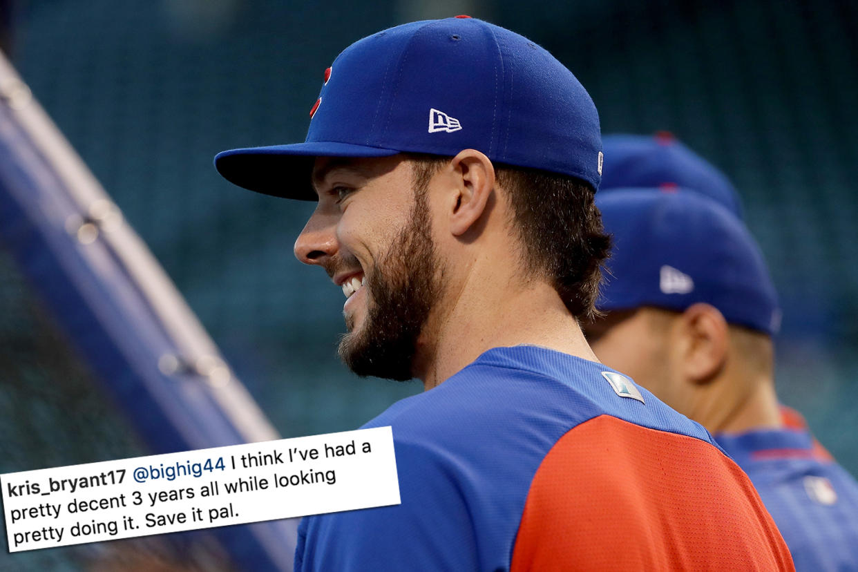 Kris Bryant just shrugging off the haters. (Getty Images)