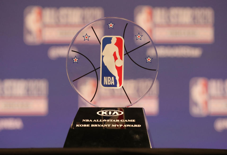 Feb 15, 2020; Chicago, Illinois, USA; NBA commissioner Adam Silver unveils the Kobe Bryant MVP Award at a press conference during NBA All Star Saturday Night at United Center. Mandatory Credit: Dennis Wierzbicki-USA TODAY Sports