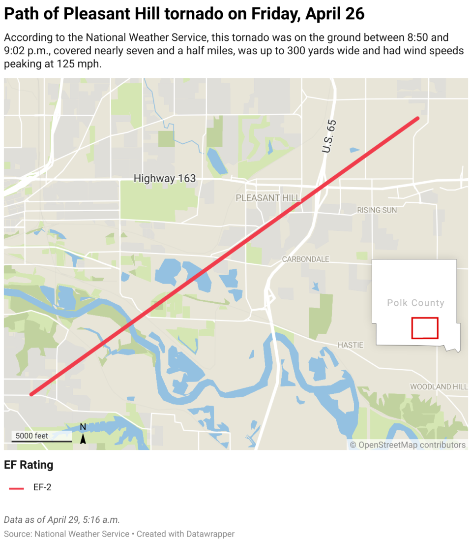 A map of Polk County showing the path of a tornado near Pleasant Hill, over the intersection of U.S. 65 highway and state highway 163.