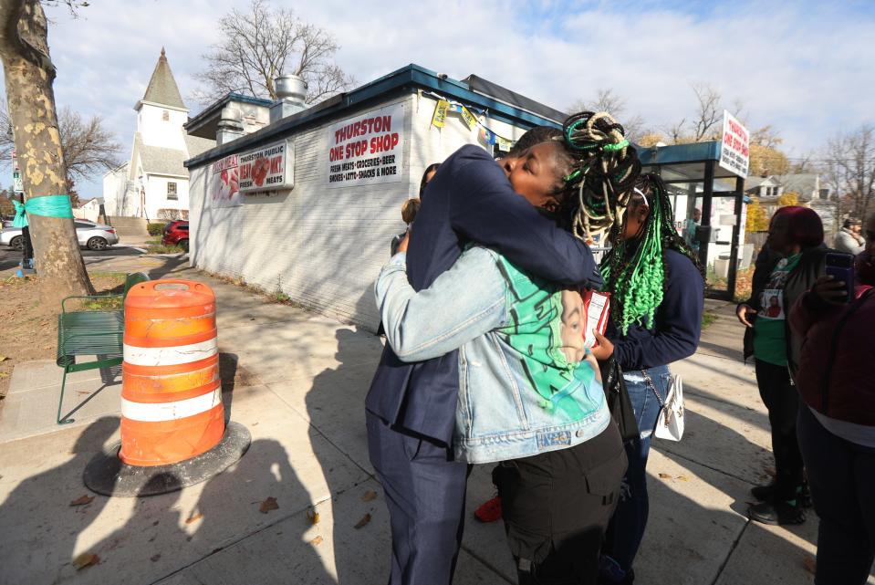 A crosswalk and bench were installed by the city on Thurston Road near Sawyer Street where Ryan Grantham Jr. was struck and killed by a truck in June. Grantham’s mother, Farasa Brown, started a petition to put the crosswalk in not long after the boy died. After the unveiling of the crosswalk and bench for the family, Mayor Malik Evans gives Brown a hug.