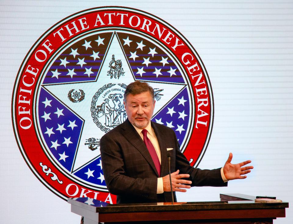 Attorney General Gentner Drummond speaks at a news conference at the state Capitol in July. Drummond has subpoenaed the entire Oklahoma Corporation Commission to learn about possible misconduct during Winter Storm Uri in 2021.