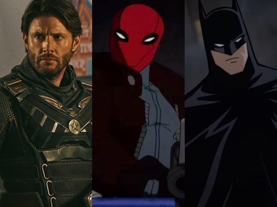 From left: Jensen Ackles as Soldier Boy on season three of "The Boys," Red Hood in "Batman: Under the Red Hood," and Batman in "Batman: The Long Halloween, Part One."