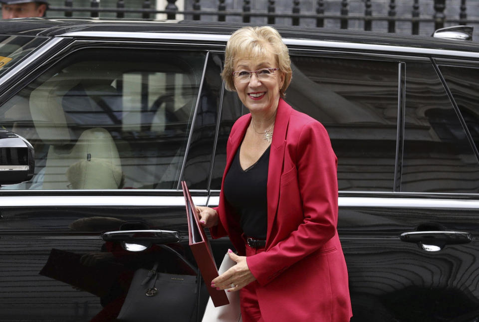 Britain's Business Secretary Andrea Leadsom arrives at Downing Street in London, Wednesday July 31, 2019. Britain's auto trade body, the Society of Motor Manufacturers and Traders, said Wednesday that investment in the industry effectively stopped in the first half of 2019 amid fears the U.K. will leave the European Union without a transitional deal to protect trade. (Aaron Chown/PA via AP)