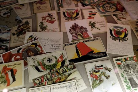 WWI postcards are displayed at an exhibition titled "Propaganda and War: The Allied Front During the First World War" in Istanbul March 17, 2015. REUTERS/Murad Sezer