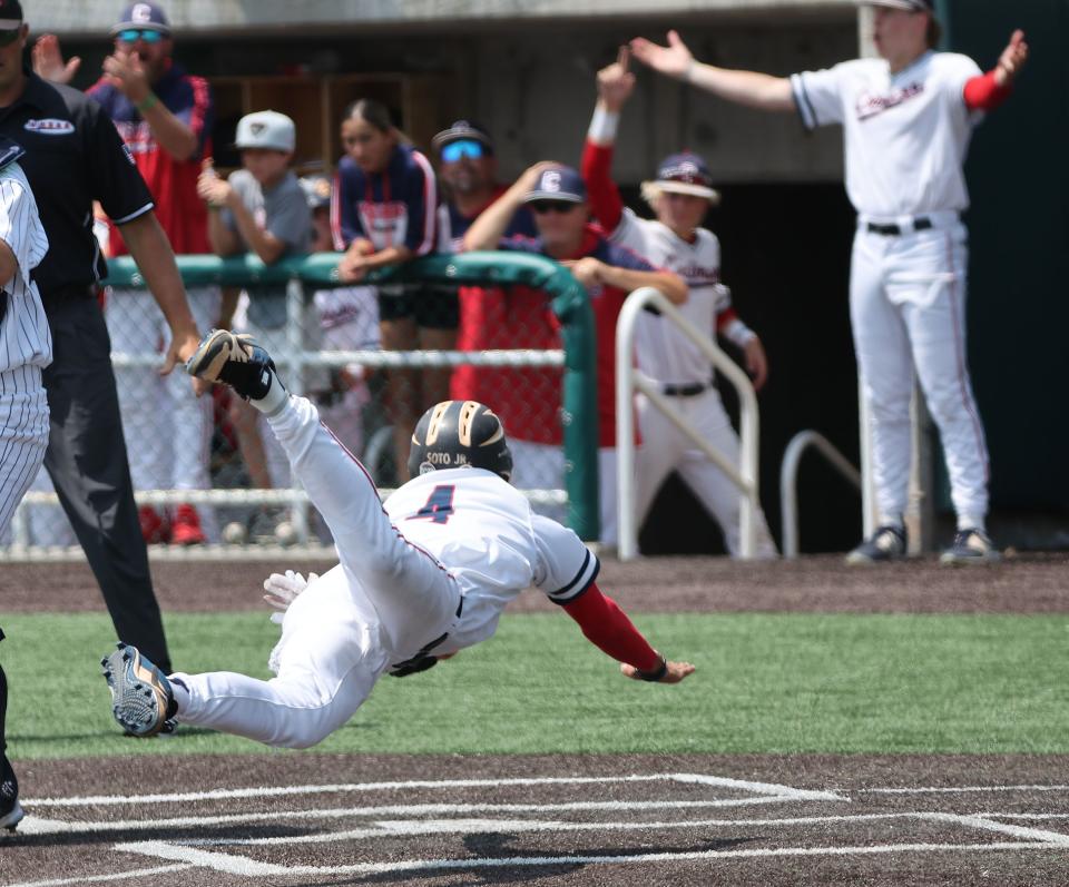 Crimson Cliffs’ Petey Soto (4) dives into home plate against Snow Canyon in the 4A state championship at UVU in Orem on Saturday, May 20, 2023. | Jeffrey D. Allred, Deseret News