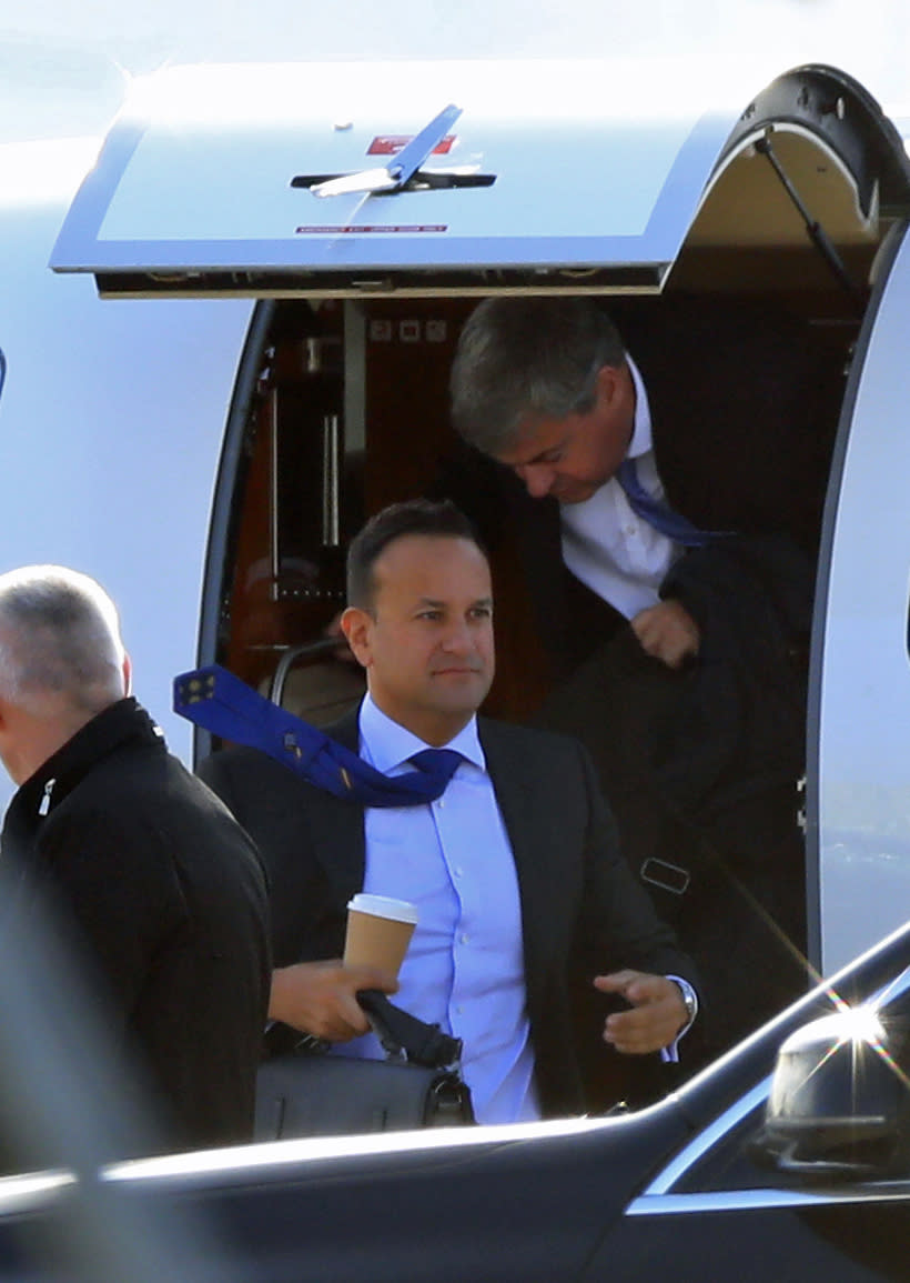 Ireland's Prime Minister Leo Varadkar arrives at Liverpool Airport, north west England, ahead of private talks with Britain's Prime Minister Boris Johnson on Thursday Oct. 10, 2019. (Peter Byrne/PA via AP)