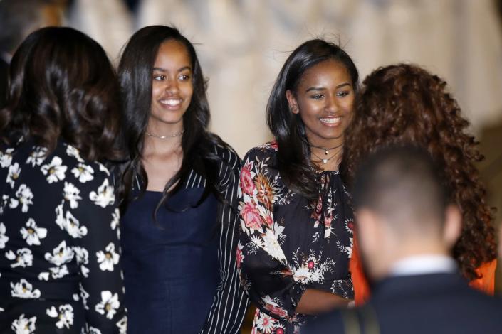 <p>Malia obama, second from left, and Sasha Obama are welcomed at Menara Airport in Marrakech, Morocco, Monday, June 27, 2016. (AP Photo/ Abdeljalil Bounhar) </p>