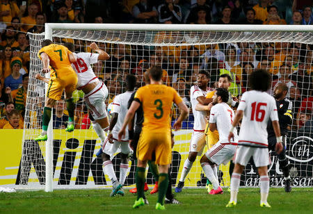 Football Soccer - Australia vs United Arab Emirates - 2018 World Cup Qualifying Asian Zone - Group B - Sydney Football Stadium, Sydney, Australia - 28/3/17 - Australia's Mathew Leckie (7) scores against UAE. REUTERS/David Gray