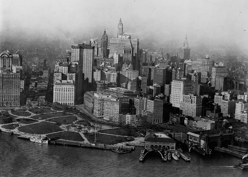 A view from Upper New York Bay, looking north over Battery Park and the lower Manhattan skyline