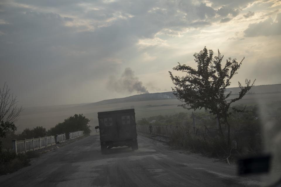 An ambulance evacuating wounded soldiers from the battlefield to the field hospital during heavy shelling in Siversk, in Donetsk, Ukraine on July 05, 2022.