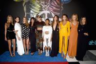 <p>Taylor Swift rolled up to the 2015 VMAs red carpet with her whole squad from her “Bad Blood” video, which she released that night.</p>