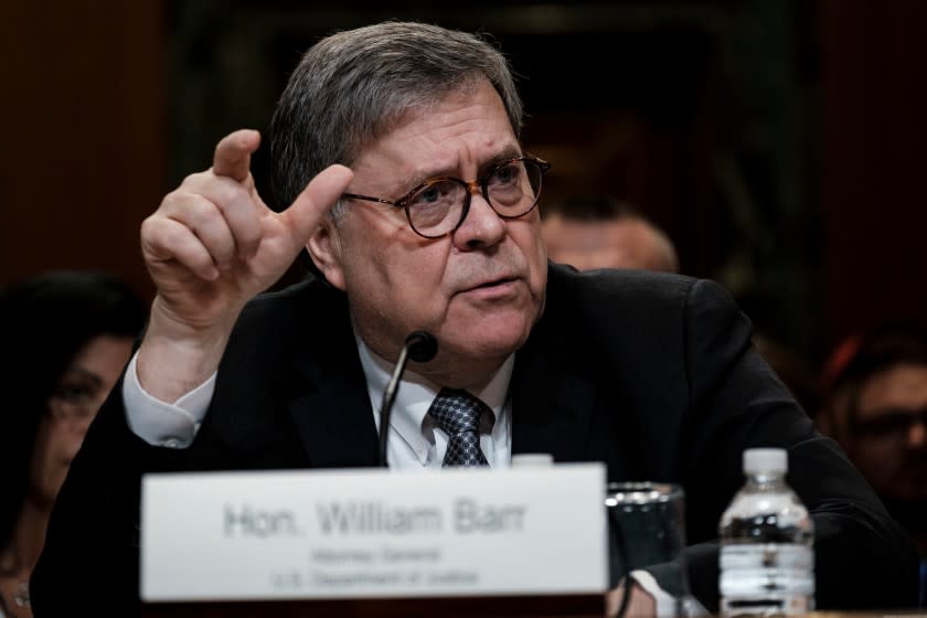 Mandatory Credit: Photo by PETE MAROVICH/EPA-EFE/REX (10197053d) US Attorney General William Barr testifies before the Senate Appropriations Committee on the Department of Justice fiscal 2020 budget request in Washington, DC, USA, on 10 April 2019. US Attorney General William Barr testifies before the Senate Appropriations Committee, Washington, USA - 10 Apr 2019 ** Usable by LA, CT and MoD ONLY **