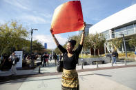 Google employee Kiwoba Allaire protests against Google's handling of sexual misconduct claims on Thursday, Nov. 1, 2018, in Mountain View, Calif. Allaire joined hundreds of workers who walked out of Google headquarters. (AP Photo/Noah Berger)