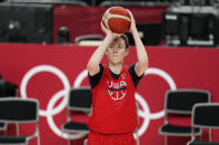 United States' Breanna Stewart shoots during a women's basketball practice at the 2020 Summer Olympics, Saturday, July 24, 2021, in Saitama, Japan. (AP Photo/Charlie Neibergall)