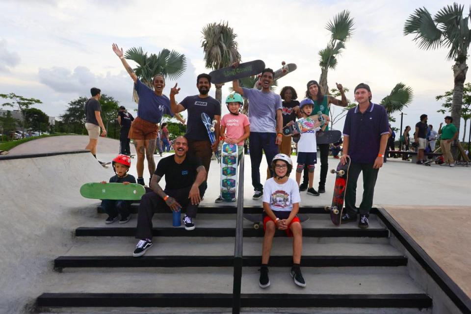 Members and coaches at Miami Skateboarding Academy get their picture taken after a skateboarding clinic at the skate park of the newly inaugurated eastern portion of Doral Central Park at 3005 NW 92nd Ave. in Doral, Florida, on Monday, Aug. 26, 2024.